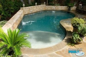small free form pool with bushes