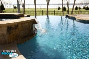 Infinity pool over looking a lake.