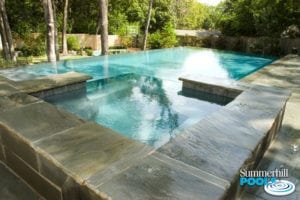 infinity spa and pool in a backyard