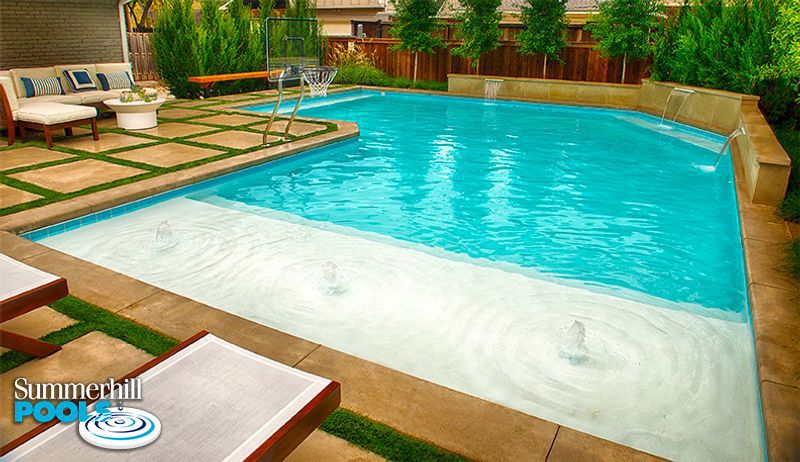 backyard pool with water features and basketball goal