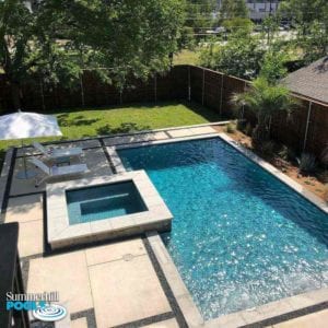 modern pool and spa with a concrete paver decking